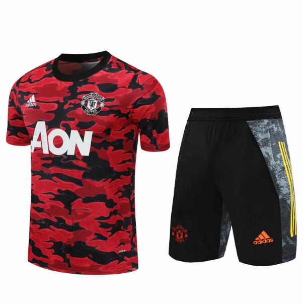 Manchester United Red Black Short Sleeve Training Kits Shirt with Shorts 2020/21